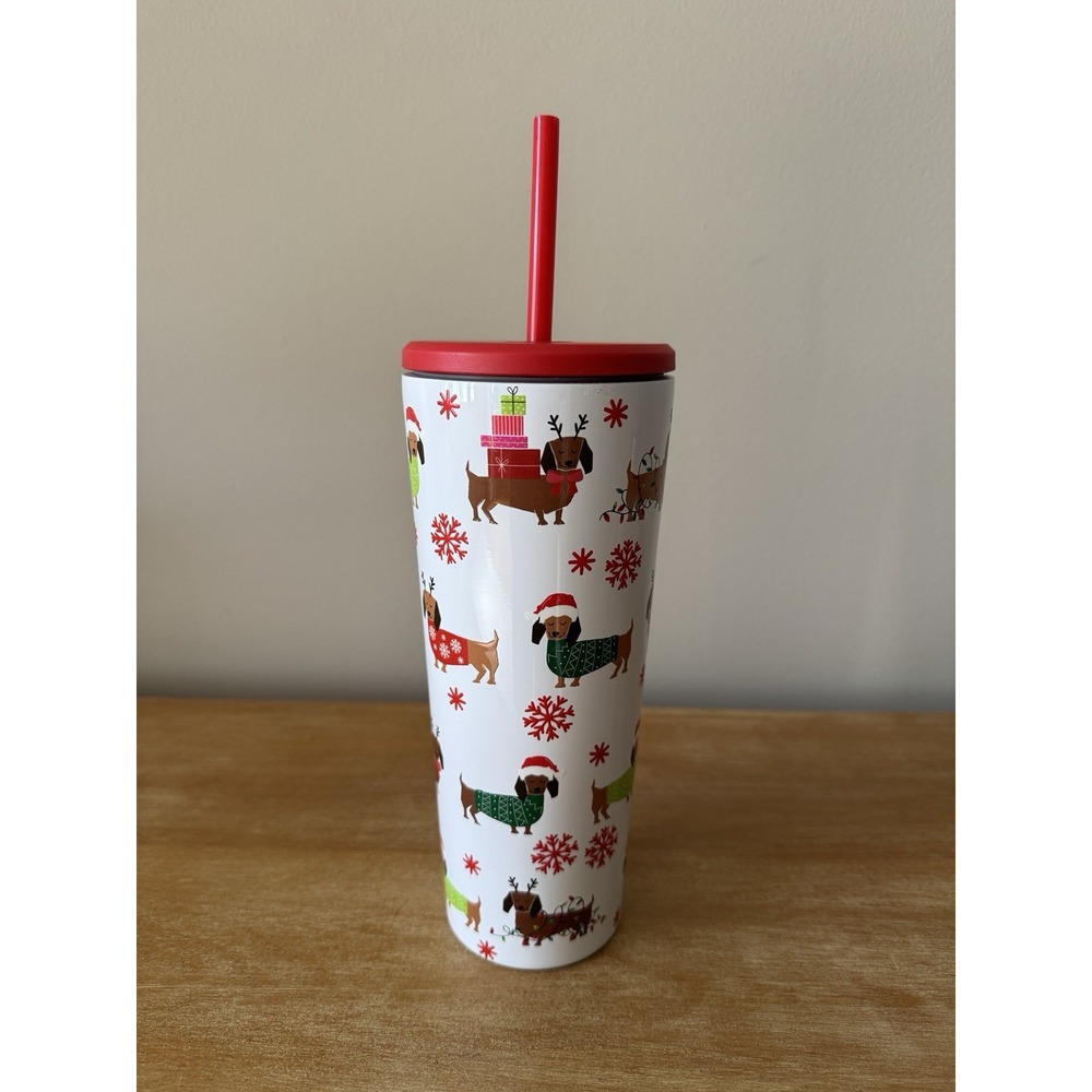 Dachshund Sleigh Bell Bistro Christmas Travel Tumbler Stainless Steel 24 oz NEW